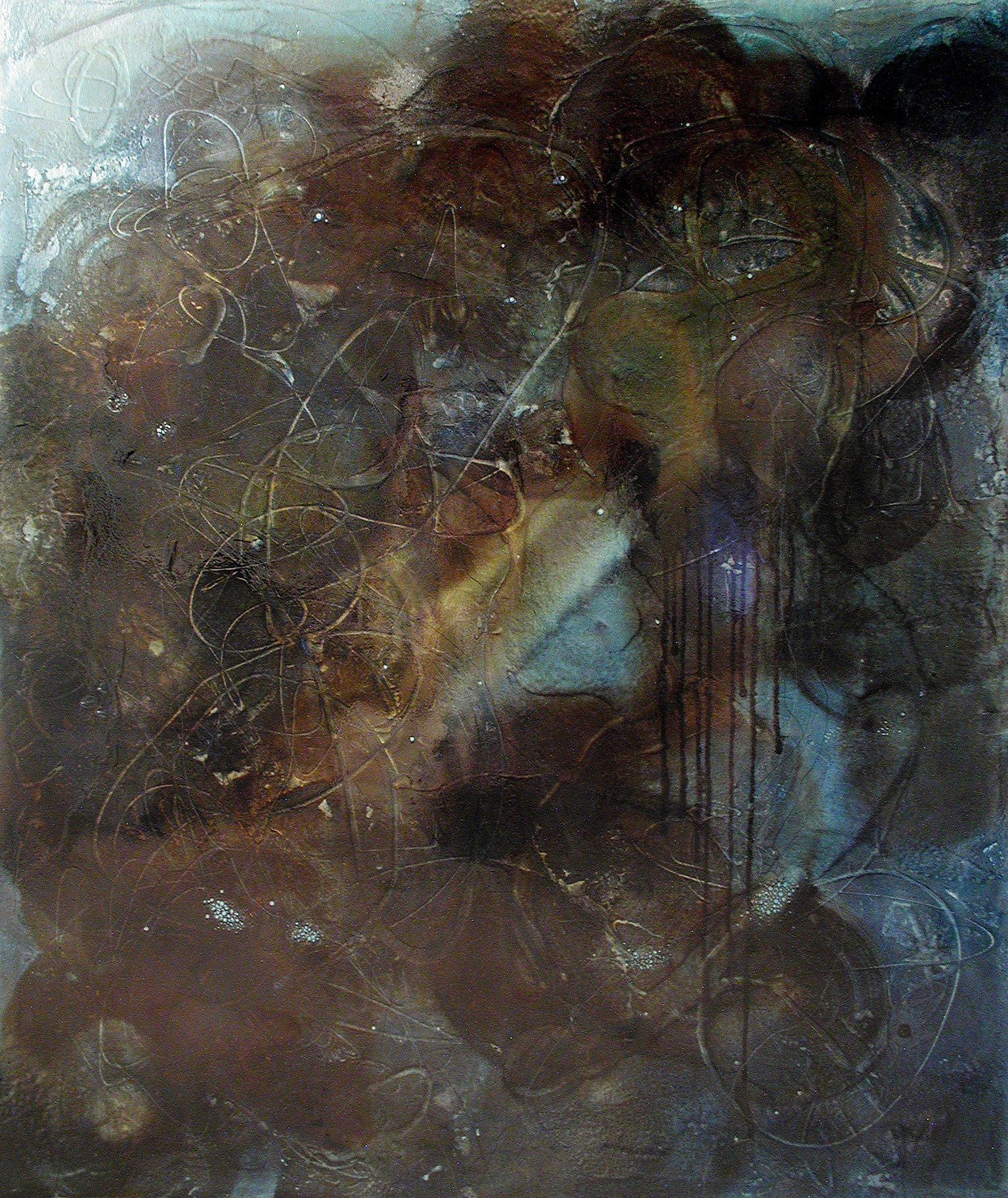 Abismal, 84" x 72", 2002, watercolor, acrylic, ink, crayon, pencil on canvas