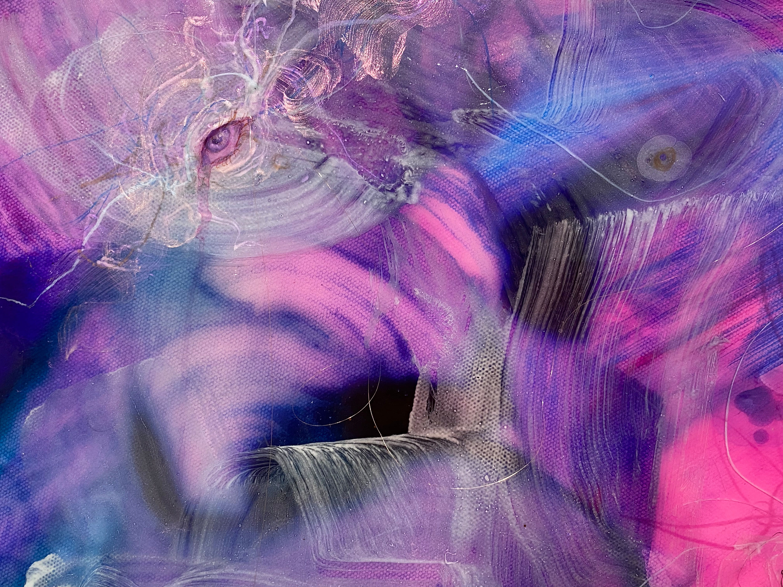 Color. Eyes, detail, detail — Detail, Color. Eyes. detail, 36” x 36”, 2023, Watercolor, acrylic, ink, crayon, pigment, pencil, copper wire on canvas