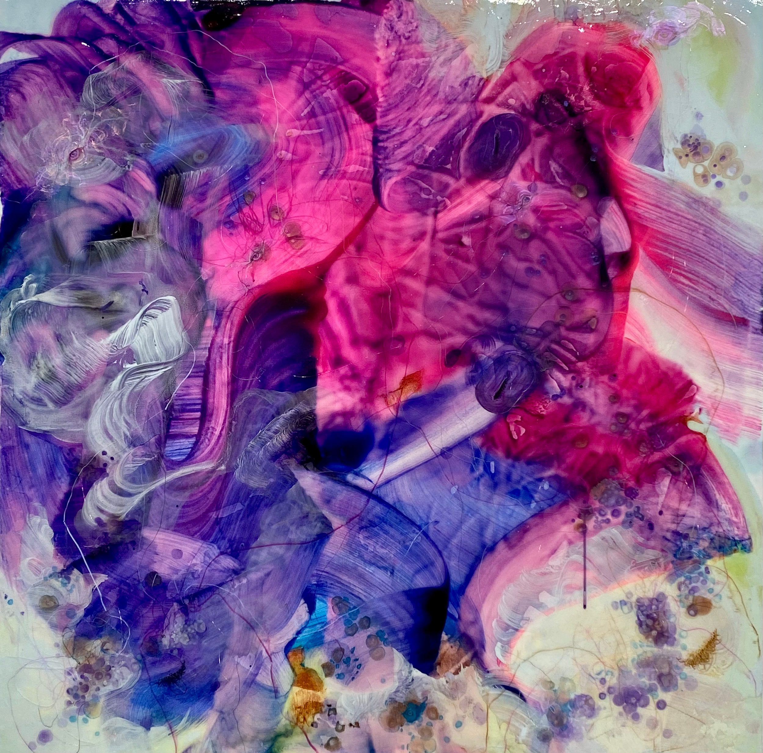 Color. Eyes. 36” x 36”, 2023, Watercolor, acrylic, ink, crayon, pigment, pencil, copper wire on canvas