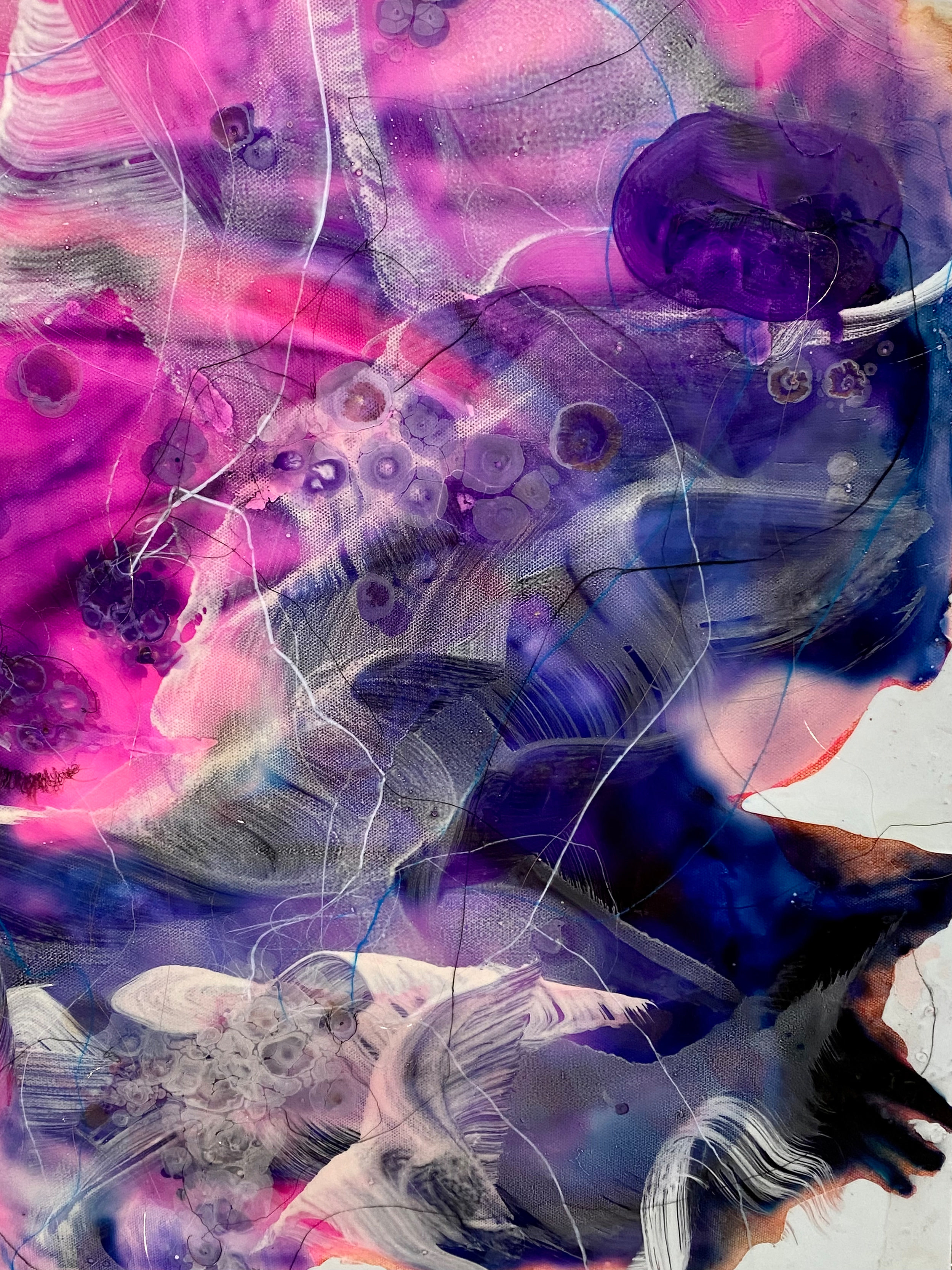 I see you now…, detail — Detail, I see you now…, 36” x 36”, 2023, Watercolor, acrylic, ink, crayon, pigment, pencil, copper wire on canvas