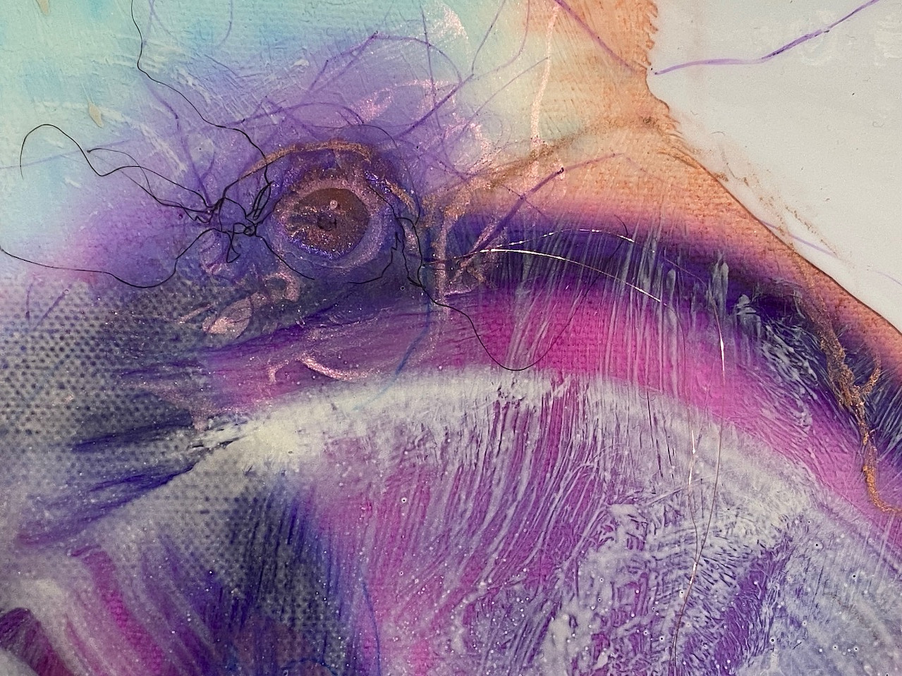 The universe in you.., detail — Detail, The universe in you.., 36” x 36”, 2023, Watercolor, acrylic, ink, crayon, pigment, pencil, and copper wire on canvas