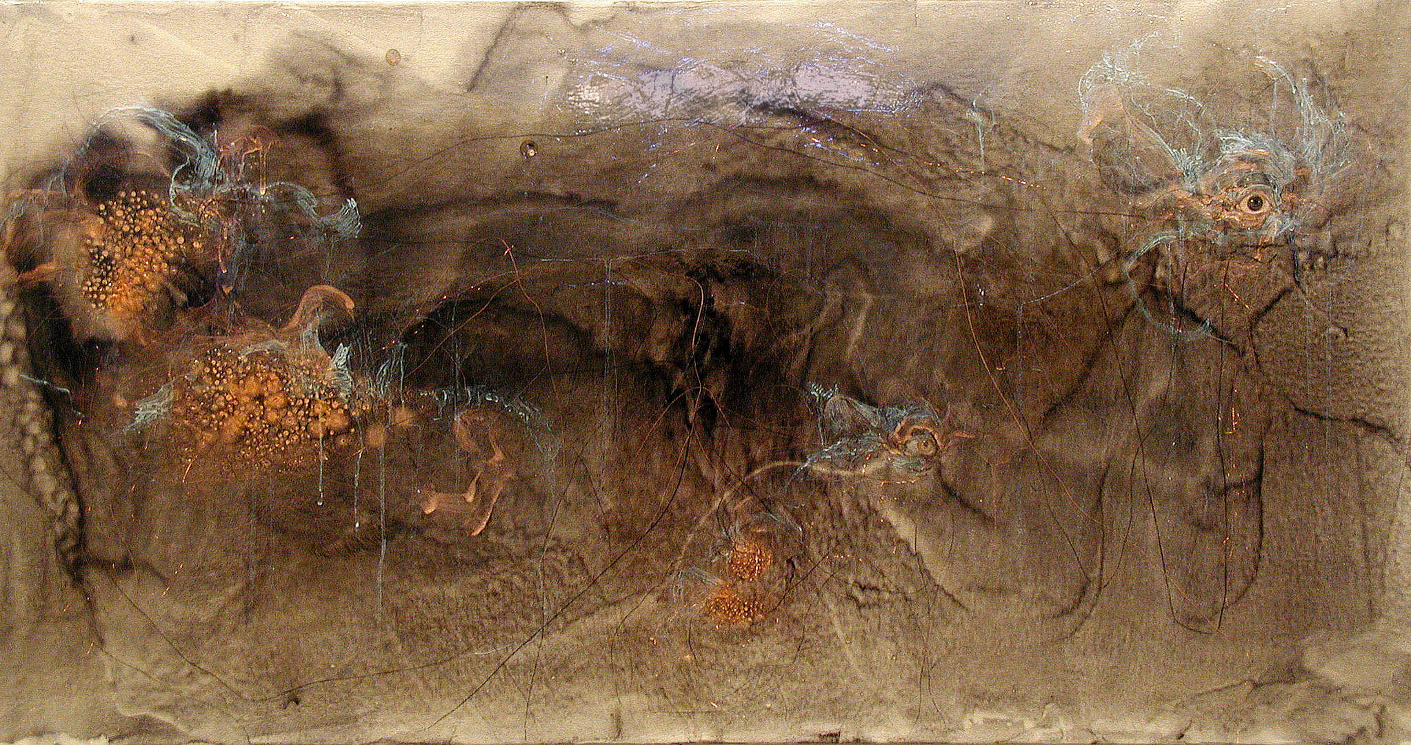 Serie Gris y Cobre # 1, 2001, 24" x48" acrylic, ink, graphite, crayon, copper wire on canvas