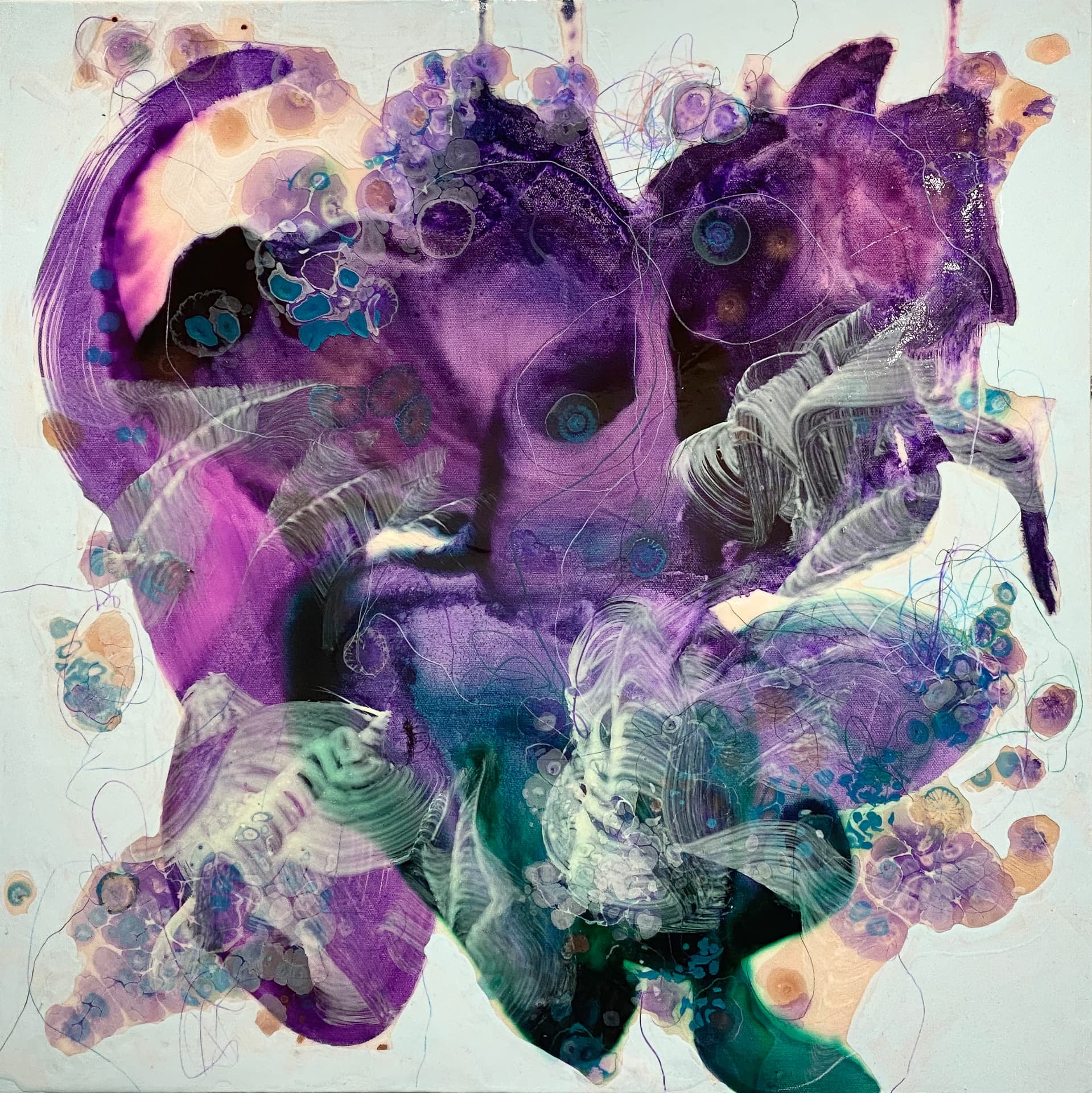 Ponder on this.. why not?, 2023, 24” x 24”, Watercolor, acrylic, ink, crayon, pigment, pencil, copper wire on canvas