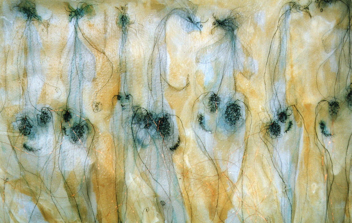 Danza de fertilidad, detail, 7.5" x 24" (approximately) 1995, Acrylic, crayon, charcoal, graphite, copper thread is sewn on vellum