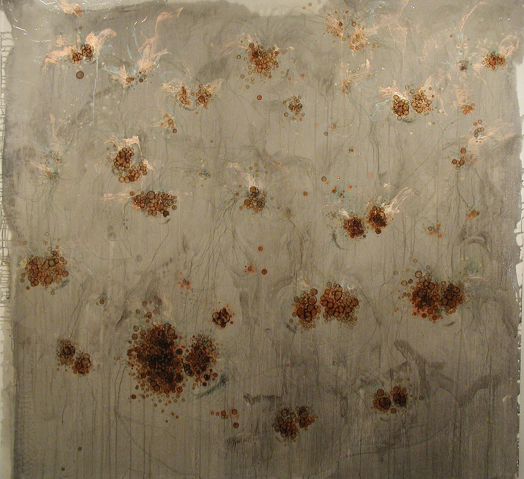 Cobre, 48” h x 48”w, 2001, ink, acrylic, copper pencil, charcoal, copper filament, and graphite on canvas