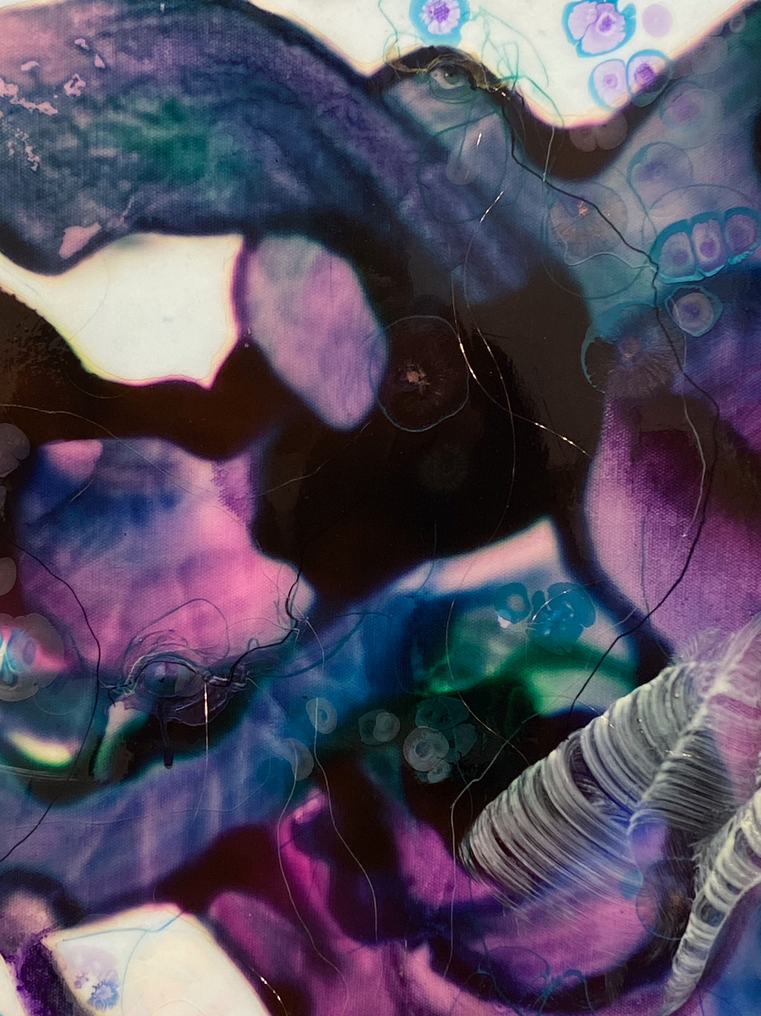 My Cosmos seems small in comparison, detail, 24”x 24”, Watercolor, acrylic, ink, crayon, pigment, pencil, copper wire on canvas