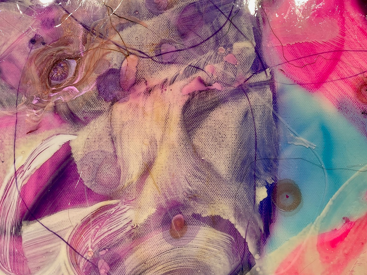 It’s you.. I see you, detail — Detail, It’s you.. I see you, 36” x 36”, 2023, Watercolor, acrylic, ink, crayon, pigment, pencil, copper wire on canvas