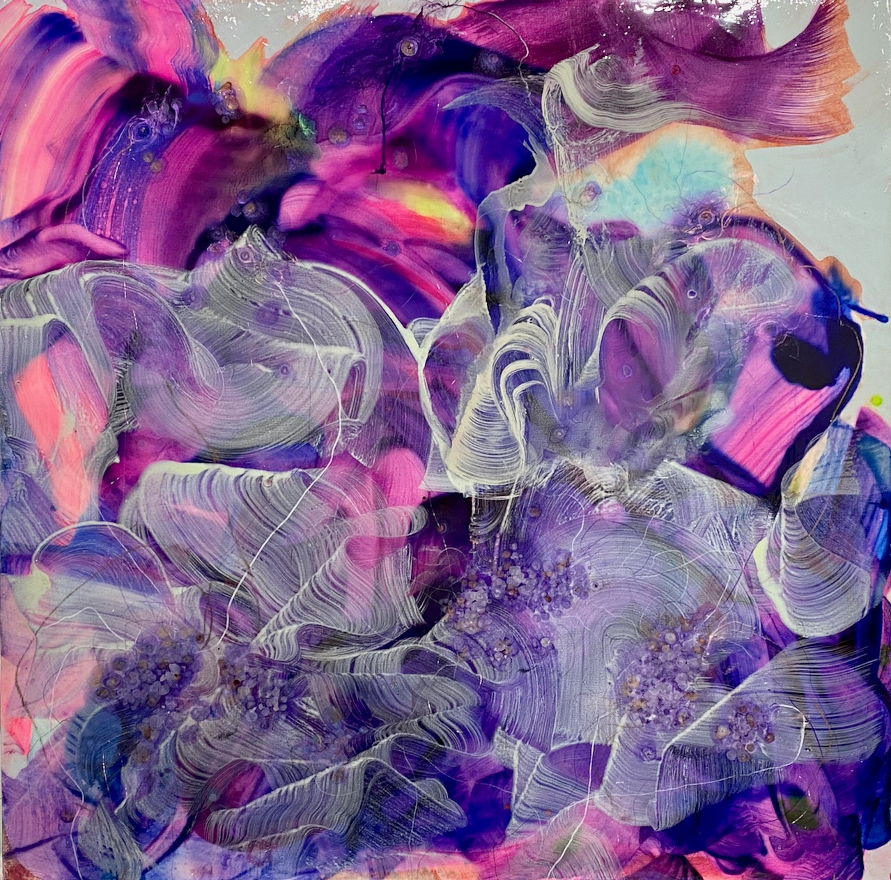 The universe in you.., 36” x 36”, 2023, Watercolor, acrylic, ink, crayon, pigment, pencil, and copper wire on canvas