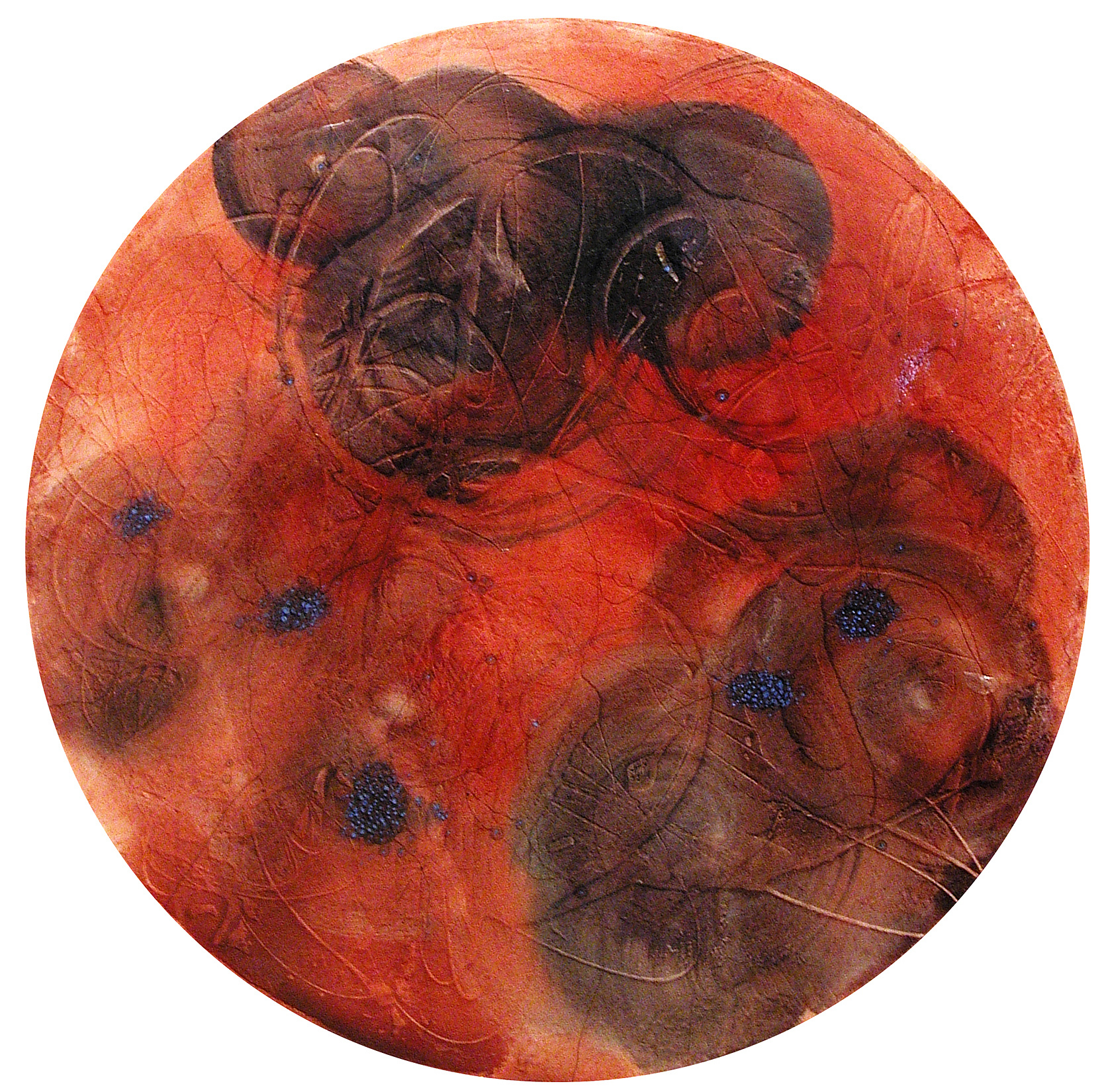 Carnación II, Homenaje a Besitos, 30" Diam. 2002, watercolor, acrylic, ink, crayon, pencil on canvas