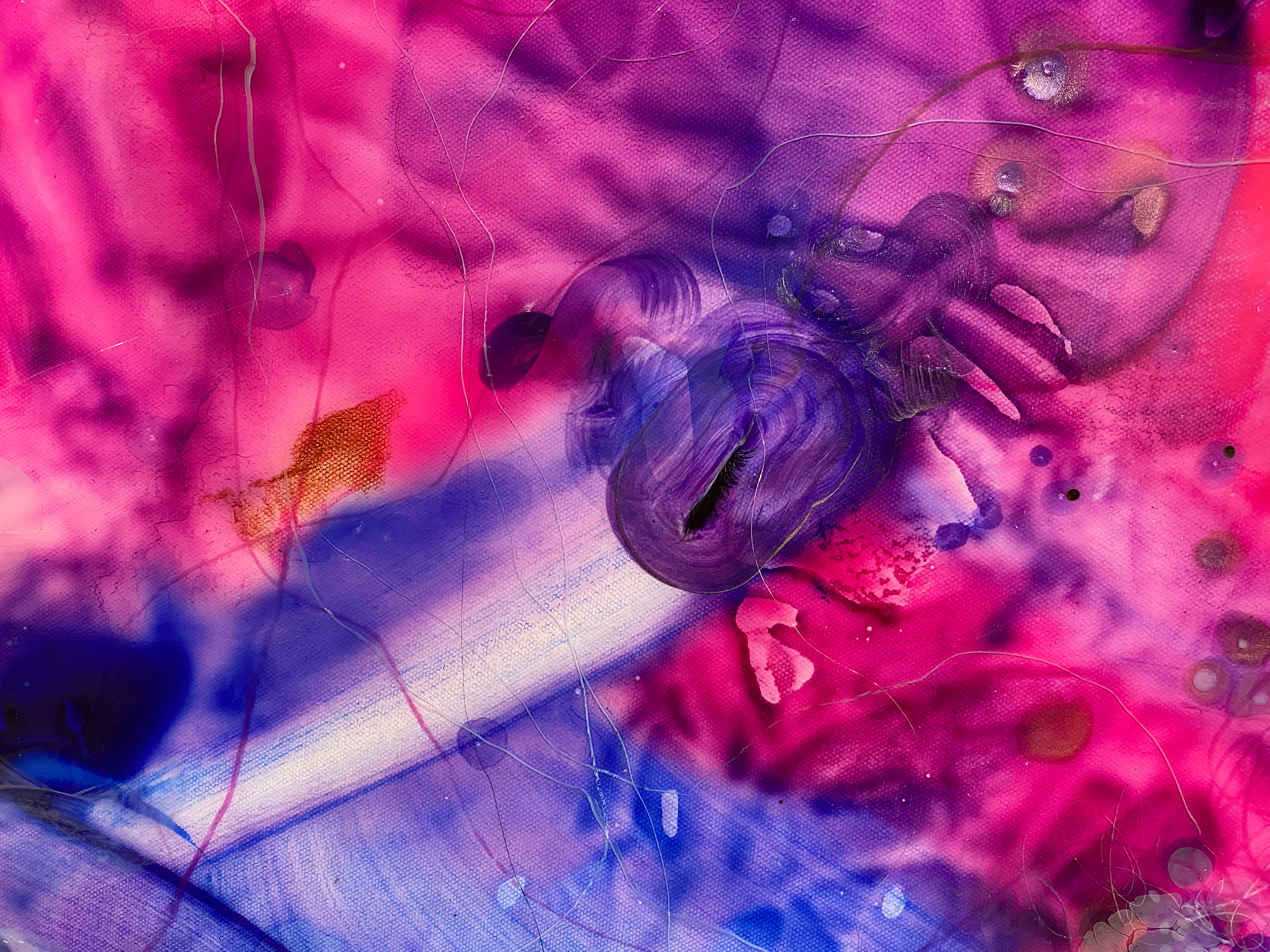 Color. Eyes, detail, detail — Detail, Color. Eyes., detail, 36” x 36”, 2023, Watercolor, acrylic, ink, crayon, pigment, pencil, copper wire on canvas