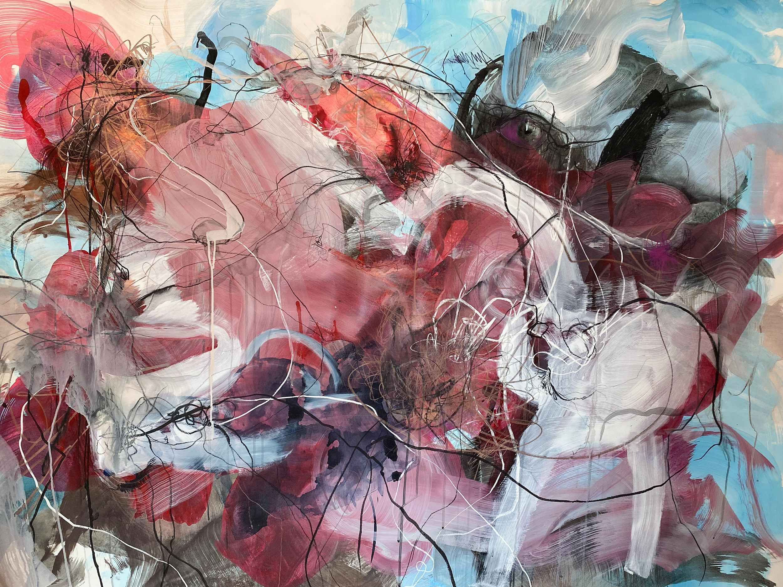 Untitled, 2023, 51" x 69", acrylic, watercolor, ink crayon, charcoal on yupo paper