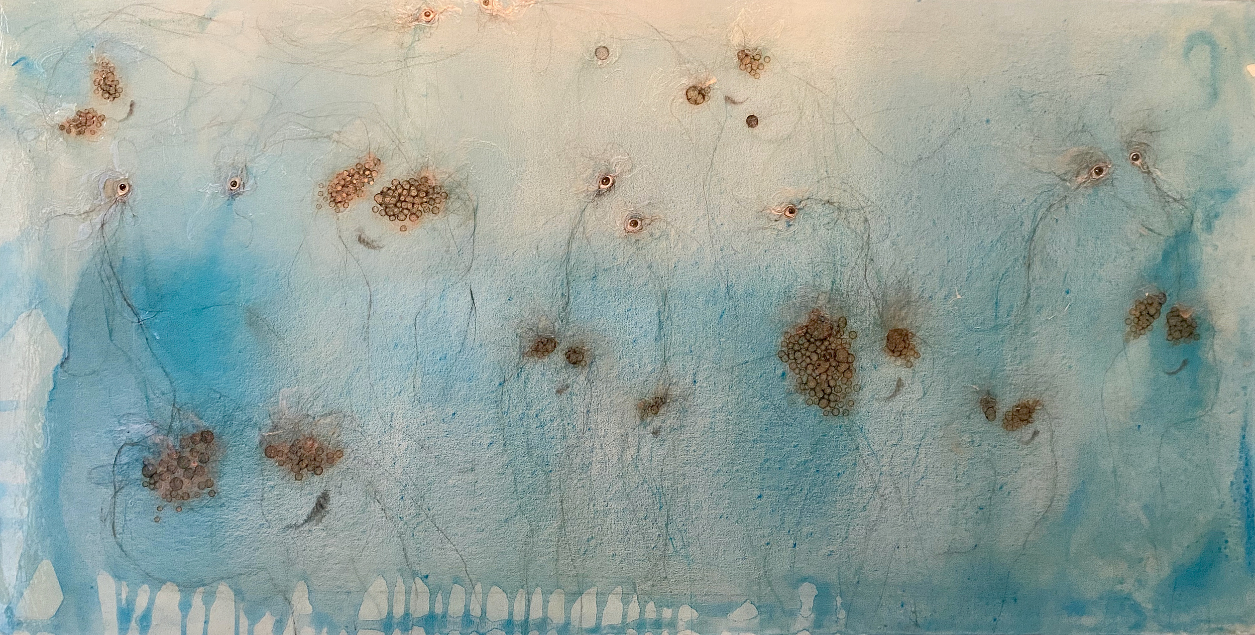 Serie azulezca #2, 24"x 48" acrylic, ink, watercolor, crayon, copper wire on canvas