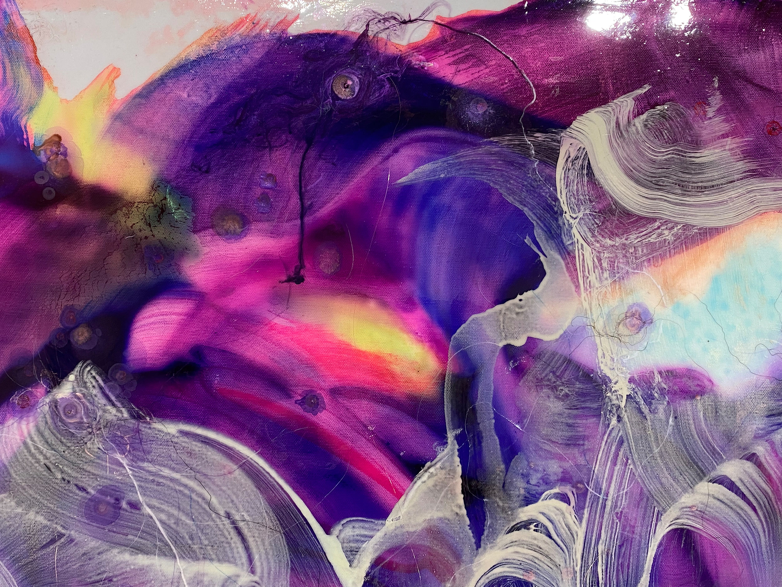 The universe in you.., detail — Detail, The universe in you.., 36” x 36”, 2023, Watercolor, acrylic, ink, crayon, pigment, pencil, and copper wire on canvas